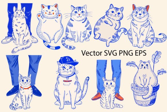 9 Cat Sketch Vector Set Handmade Graphics