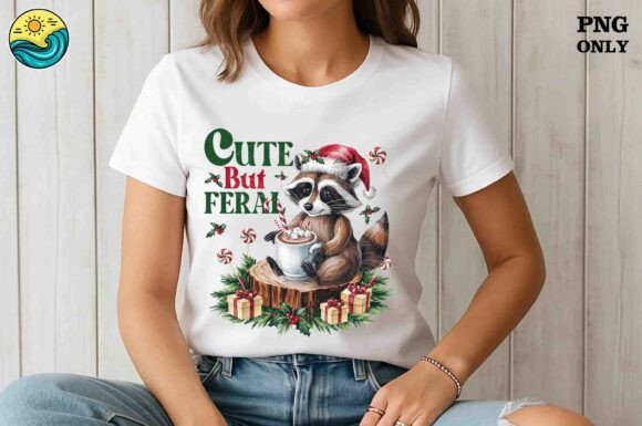 Cute But Feral Christmas Raccoon PNG Graphics for T-Shirt Designs